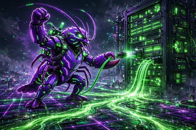 Vibrant digital artwork of a purple and green robotic crustacean-like creature plugging a glowing green cable into a massive server rack.