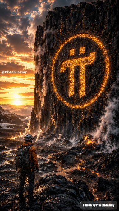 An artistic landscape image shows a person looking up at a massive rocky cliff face bearing a glowing Pi Network logo made of lava, with watermarks '@PiWeb3Army' and 'Follow: @PiWeb3Army'.