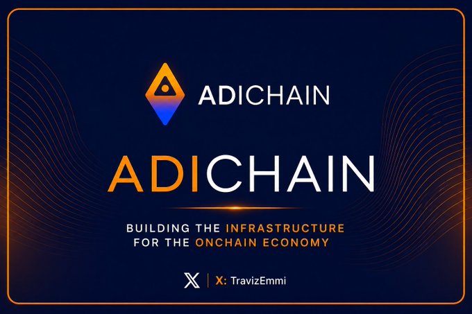 A dark blue promotional graphic for 'ADICHAIN' featuring an orange triangular logo and the tagline 'BUILDING THE INFRASTRUCTURE FOR THE ONCHAIN ECONOMY' along with an X handle 'X: TravizEmmi.'