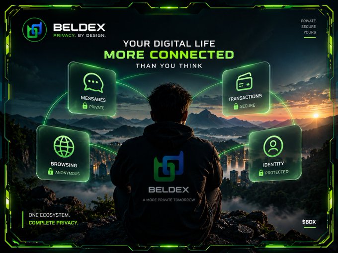 A promotional graphic for 'BELDEX - PRIVACY. BY DESIGN.' displays the tagline 'YOUR DIGITAL LIFE MORE CONNECTED THAN YOU THINK' alongside icons for Messages, Transactions, Browsing, and Identity, with the ticker '$BDX' visible.