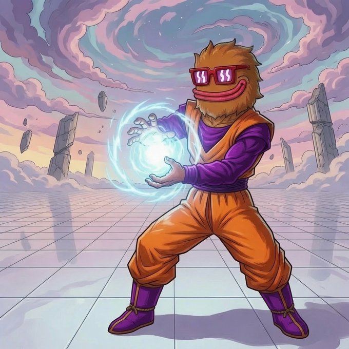 A cartoon illustration of a furry, orange-haired character wearing purple sunglasses, a purple and orange martial arts outfit, conjuring a glowing blue energy ball in their hands, set against a surreal landscape with swirling pink clouds and floating stone monoliths.