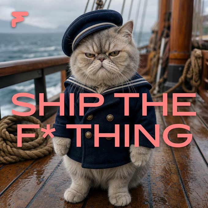 A grumpy cat in a sailor's outfit stands sternly on a ship's deck, paired with bold pink text reading "SHIP THE F*THING" and an "F" logo. The image reinforces the post's message by using the no-nonsense captain cat as a visual rallying cry to push through the unglamorous operational gap between building and delivering a product.