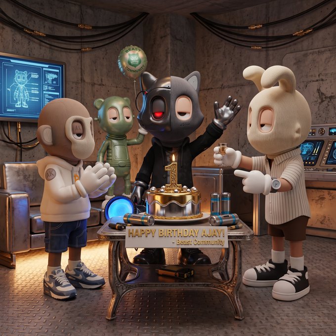 A 3D-rendered scene of anthropomorphic animal characters celebrating 'HAPPY BIRTHDAY AJAY!' from the Beast Community, with a cake displaying the number '1'.