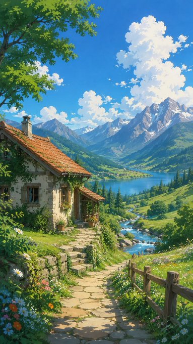 A picturesque alpine scene featuring a charming stone cottage with a red-tiled roof nestled among lush greenery, with a winding stone path leading toward a crystal-blue lake and majestic snow-capped mountains in the distance under a bright, cloud-dotted sky.

The image evokes themes of steady progress and foundation-building, mirroring the post's message about constructing strong infrastructure and moving forward step by step—just as the path leads toward the horizon, each day brings an opportunity to advance toward a shared vision.
