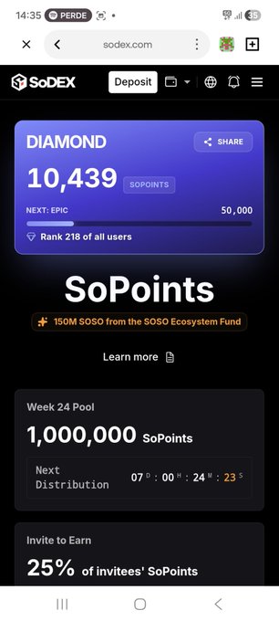 Mobile screenshot of sodex.com showing a Diamond tier with 10,439 SoPoints, ranked 218 of all users, with the same 1,000,000 SoPoints Week 24 Pool.