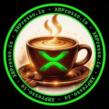 A circular logo for 'XRpresso.io' featuring a stylized coffee cup with the green 'X' Ripple (XRP) branding and steam rising from the top.