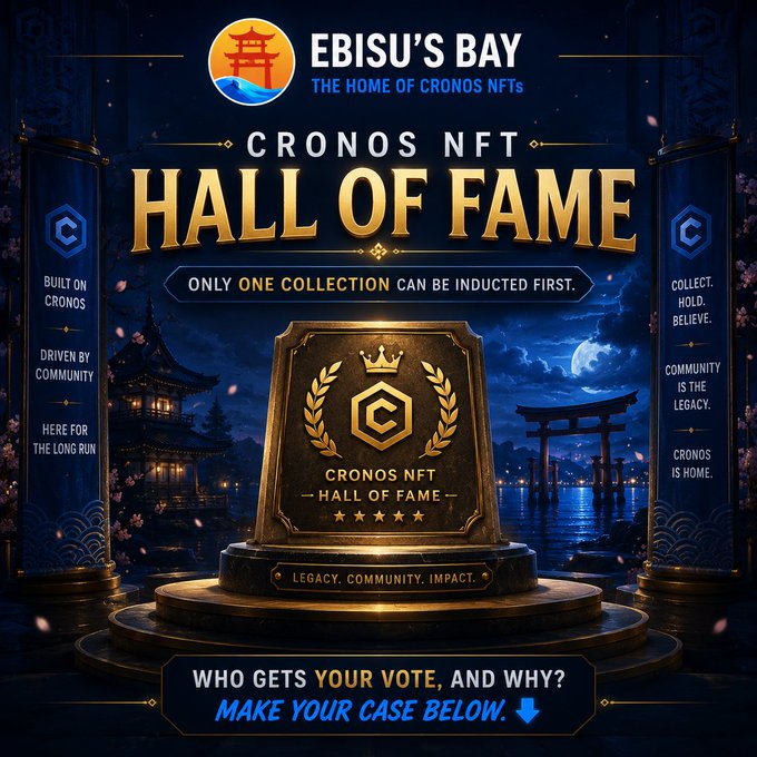 A promotional graphic for 'Ebisu's Bay - The Home of Cronos NFTs' featuring a 'CRONOS NFT HALL OF FAME' award with text including 'ONLY ONE COLLECTION CAN BE INDUCTED FIRST' and 'WHO GETS YOUR VOTE, AND WHY?'.