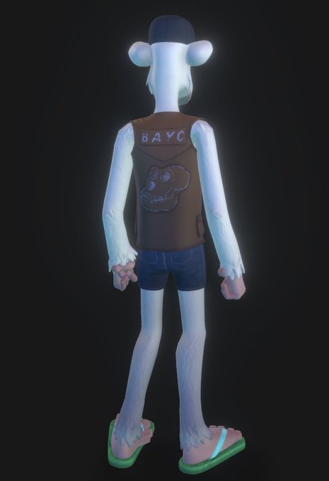 The image features a cartoon character, likely a man or a woman, wearing a vest with a logo that reads "BAYC" on their back. The character also has a backpack and flip flops on their feet. The caption below the image states that this character is a double merch grail, which implies they are a high-quality product in the market.