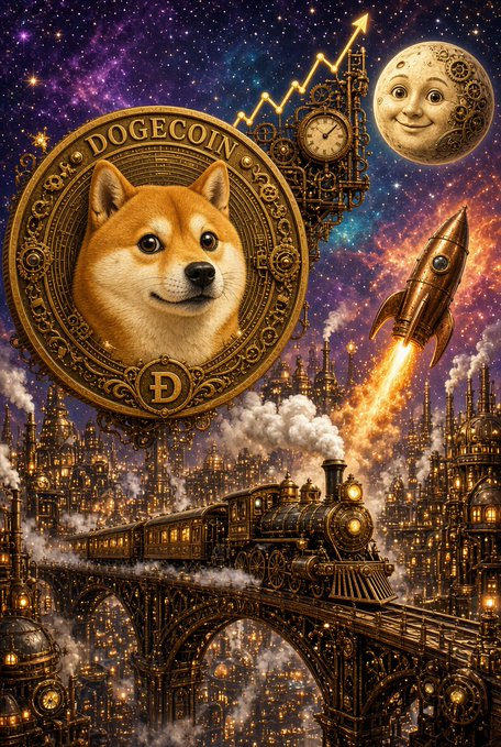 A stylized illustration displays a Dogecoin featuring a Shiba Inu dog, alongside a steampunk-style rocket, train, and a moon with a face.