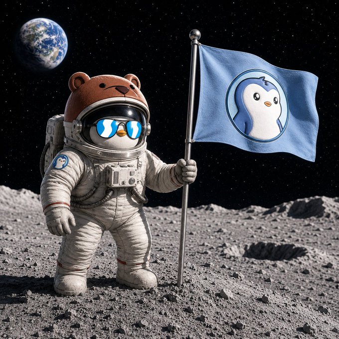 A 3D rendered penguin mascot dressed as an astronaut holding a blue flag with a penguin logo, standing on the moon's surface with Earth visible in the background.
