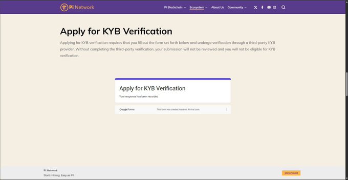 The image shows the PI Network's "Apply for KYB Verification" page, indicating that OpenPay's KYB application has been received via Google Forms and is now awaiting third-party KYB provider review. This aligns with the post claiming OpenPay has completed its side of the KYB process and is now waiting for the Pi Core Team's review and approval.