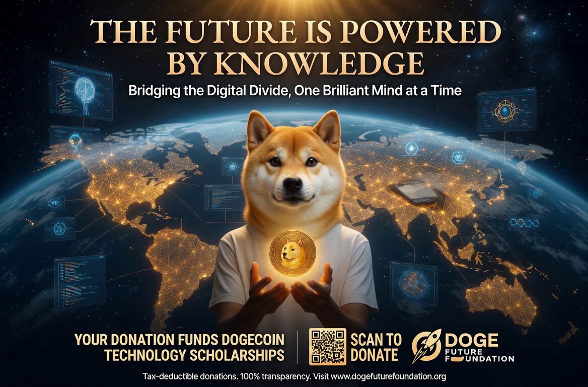 The image features a brown dog holding a golden coin, with the caption "The Future Is Powered by Knowledge" above them. The background shows a map of the world with various cities labeled. Below this, there are two lines of text that read "Your donation funds DOGE Coin DIGECoin Technology Scholarshipss".