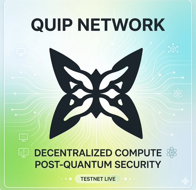 The title of the image is "gQuip Network Live Post- Quantum Security" with a black butterfly design at the center. The focus on the butterfly symbolizes the Quip network's goal, which is to centralize and secure computerized systems against threats using a post-quantum cryptography approach. This highlights how Quip network is testing and promoting its innovative security solutions while also drawing attention to this critical aspect of cyberspace safety.