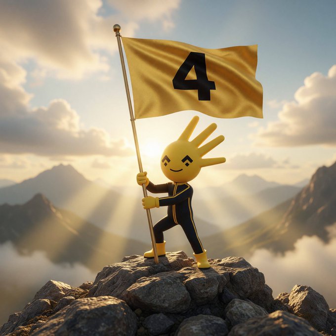 In the image, there's a cartoon character holding up a yellow flag with black text that reads "4". This figure appears to be standing atop a mountain or cliff, possibly representing a leader or a symbol of victory. The caption above the image states "The goal was never a secret." It seems like this character is associated with BNB Bank, as indicated by the reference in the caption.