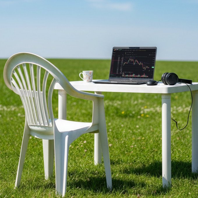 A surreal scene showing a white plastic chair and table set on green grass under a blue sky, with a laptop displaying stock charts, a coffee mug, and headphones arranged on the table.