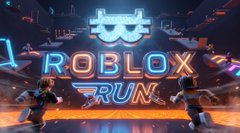 The image features two people running through a virtual world with neon lights surrounding them. They are positioned near a large sign that reads "ROBBLOX RUN", indicating they are in the middle of a Roblox Run game. The background is dark, creating an immersive gaming atmosphere. The post also mentions that the Roblox ecosystem is expanding and emphasizes the focus on progress and rewards for players.
