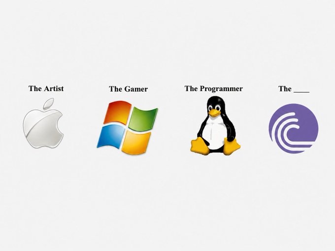 A clever image pairs iconic tech mascots with personality archetypes—Apple as "The Artist," Windows as "The Gamer," Linux's Tux as "The Programmer"—and invites viewers to fill in the blank for BitTorrent's logo, which the caption celebrates as a symbol of pioneering peer-to-peer technology within the TRON ecosystem.