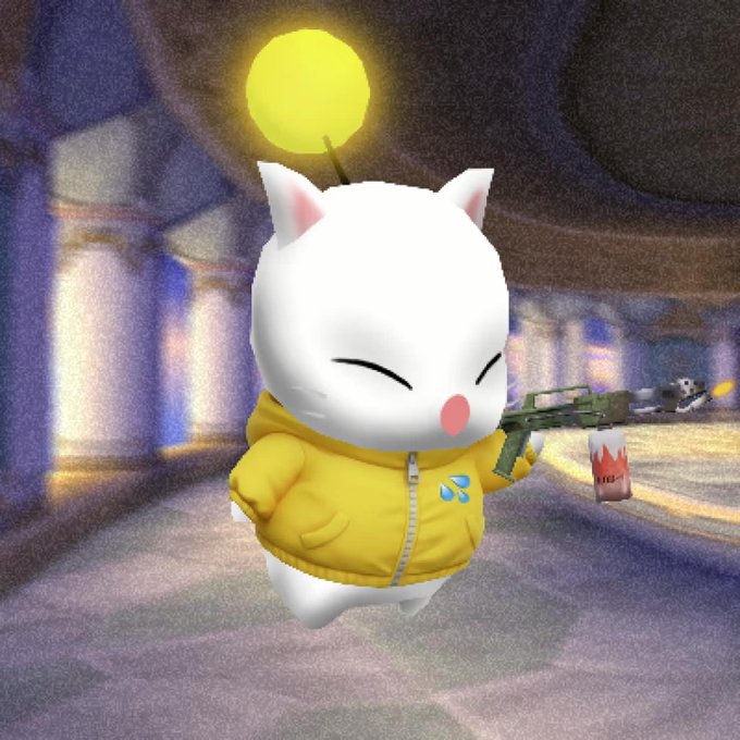 A 3D rendered white cat-like character wearing a yellow hoodie with a water drop logo, holding a rifle, with a glowing yellow orb on its head.