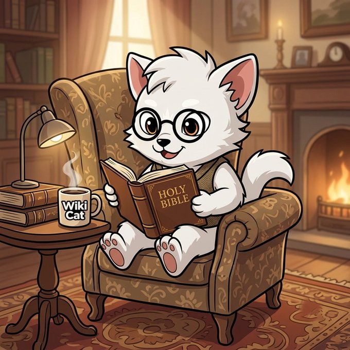 An illustrated white cat wearing round glasses sits in an armchair reading a 'Holy Bible,' with a 'Wiki Cat' mug beside it and a fireplace in the background.