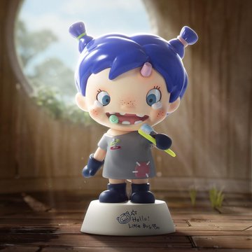 A vinyl designer toy figurine of a girl with blue hair in pigtails, freckles, and a gray shirt stands on a base labeled "Hello! Little bug".