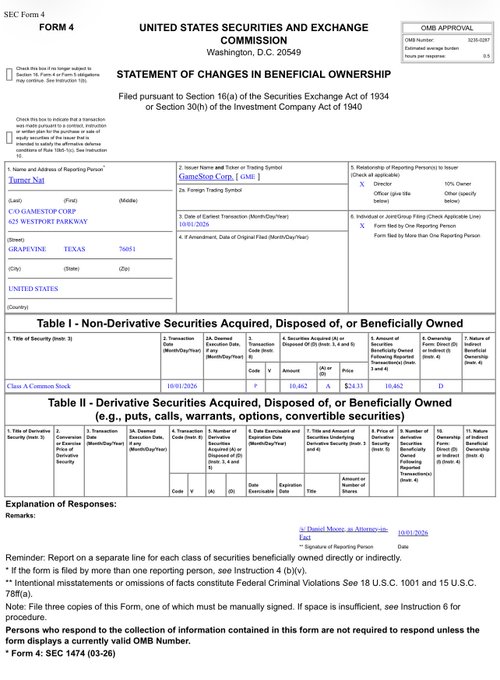 An SEC Form 4 Statement of Changes in Beneficial Ownership filed by Tumer Naz for GameStop Corp. (GME) shares, showing transactions dated 10/01/2026 at $24.13.