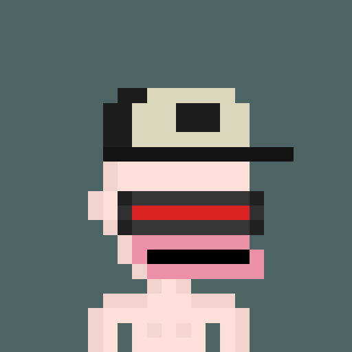 A pixel art illustration depicts a figure with a pale face, a single eye visible beneath a white hat with a black brim, and a red horizontal line across where the mouth would be.
