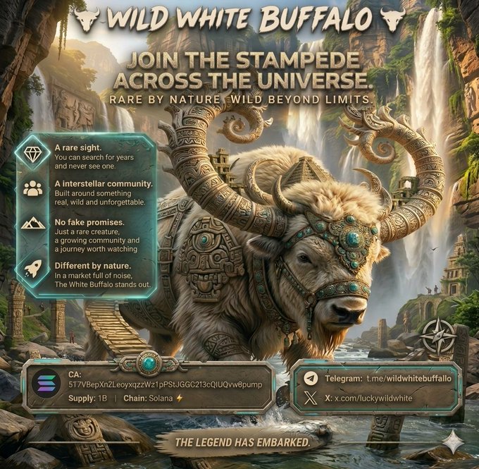A promotional graphic for 'WILD WHITE BUFFALO' with tagline 'JOIN THE STAMPEDE ACROSS THE UNIVERSE' showing a mythical white buffalo with ornate horns in a fantasy landscape, including Telegram link t.me/wildwhitebuffalo and a Solana wallet address with Supply: 1B.