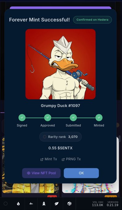 A mobile app confirmation screen titled "Forever Mint Successful!" displays a muscular white duck NFT labeled "Grumpy Duck #1097" with a rarity rank of 3,070, minting cost of 0.55 $ENTX, and a status timeline showing Signed, Approved, Submitted, and Minted steps confirmed on Hedera. The image directly illustrates the post's announcement of minting a Grumpy_DuckOG NFT on the Hedera ($HBAR) network, capturing the successful transaction moment.