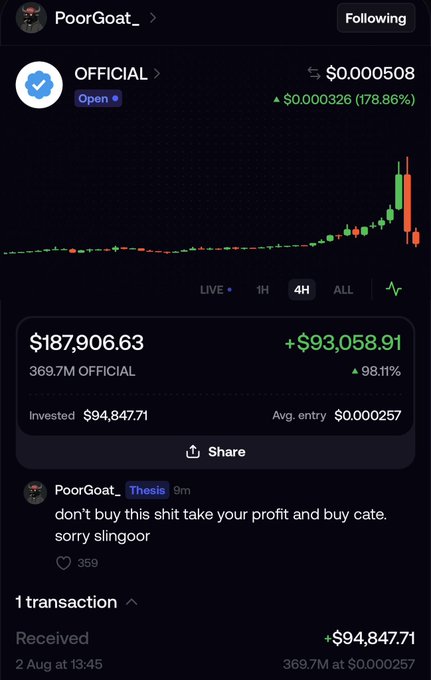 This image shows a cryptocurrency portfolio with a significant gain of $93,058.91 on OFFICIAL, as posted by @PoorGoat_. The accompanying post implies that this impressive profit from the "OFFICIAL" token is representative of a new, highly successful trend in crypto.