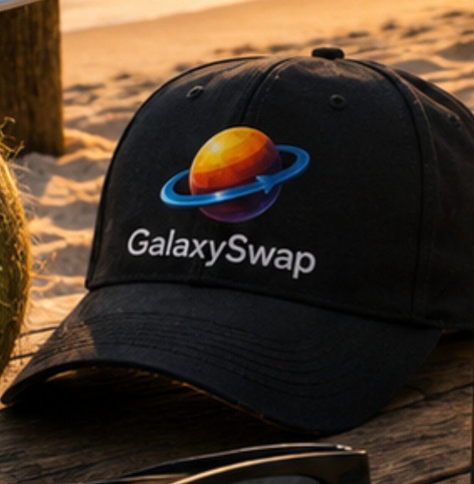 A black baseball cap featuring the colorful "GalaxySwap" logo with a ringed planet emblem rests on a wooden surface at the beach. The cap's space-themed branding visually reinforces the post's message about GalaxySwap Labs building foundational DeFi infrastructure for the broader crypto ecosystem.