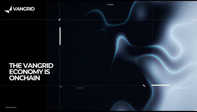 A dark promotional graphic for VANGRID featuring abstract wavy light patterns, with the tagline 'THE VANGRID ECONOMY IS ONCHAIN' displayed prominently.