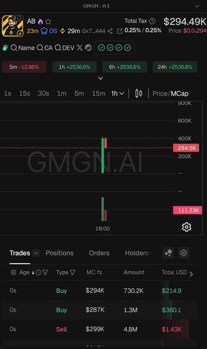 A screenshot of a cryptocurrency trading chart for the token GMGN.AI, showing a "Total Tax" of $294.49K, a price of $0.294, and a 25.36.8% price increase over 1h, 6h, and 24h periods, with recent trades totaling $214.9 and $360.1 in buys and a $1.43K sell. The image relates to the post by highlighting speculative trading activity and high "tax" percentages on a new token, which underscores the speaker's caution about investing and their recommendation to instead donate to the official Giggle Academy wallet.
