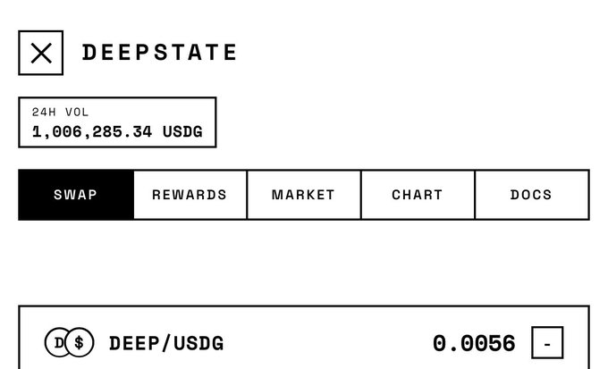 A screenshot of the DEEPSTATE platform interface showing a 24H volume of 1,006,285.34 USDG, with navigation tabs for Swap, Rewards, Market, Chart, and Docs, displaying a DEEP/USDG rate of 0.0056.
