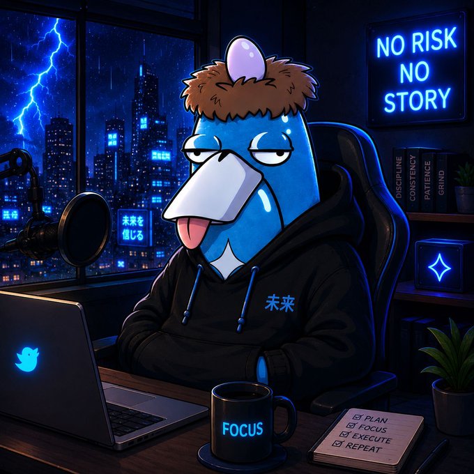 Cartoon illustration of a blue bird-like character wearing a black hoodie with Japanese text, sitting at a desk with a laptop, a 'FOCUS' mug, and a notepad listing 'PLAN, FOCUS, EXECUTE, REPEAT', with a 'NO RISK NO STORY' neon sign in the background.
