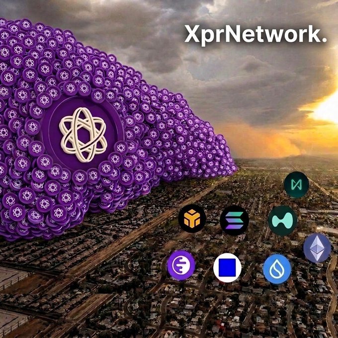 A promotional image for XprNetwork featuring a large 3D purple blockchain symbol floating over a cityscape with various crypto project logos including Ink, Solana, Sui, and others displayed at sunset.