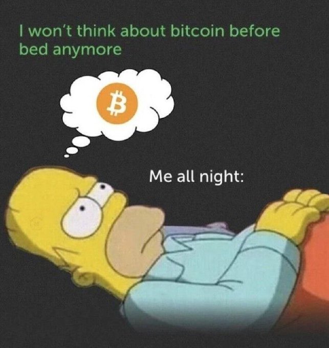 A meme featuring Homer Simpson lying awake in bed with a thought bubble showing the Bitcoin logo, captioned 'I won't think about bitcoin before bed anymore' and 'Me all night:'.
