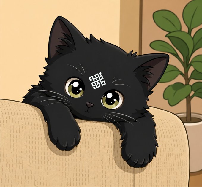 An adorable black kitten with large green eyes rests its paws over the edge of a beige couch, featuring a geometric maze-like symbol on its forehead, with a potted plant in the background. The kitten's curious, watchful gaze mirrors the post's theme of quiet preparation and foresight—much like Ritual building foundational infrastructure for AI's next era while the world focuses on current breakthroughs.
