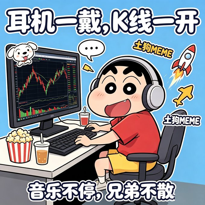 A cartoon illustration of a character wearing headphones while looking at a stock trading chart on a monitor, with Chinese text '耳机一戴，K线一开' and '音乐不停，兄弟不散', along with '土狗MEME' labels.