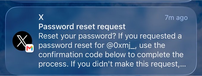 A screenshot of a Twitter/X notification from the X account, posted 7 minutes ago, showing a password reset request message that reads 'Reset your password? If you requested a password reset for @0xmj_, use the confirmation code below to complete the process.'
