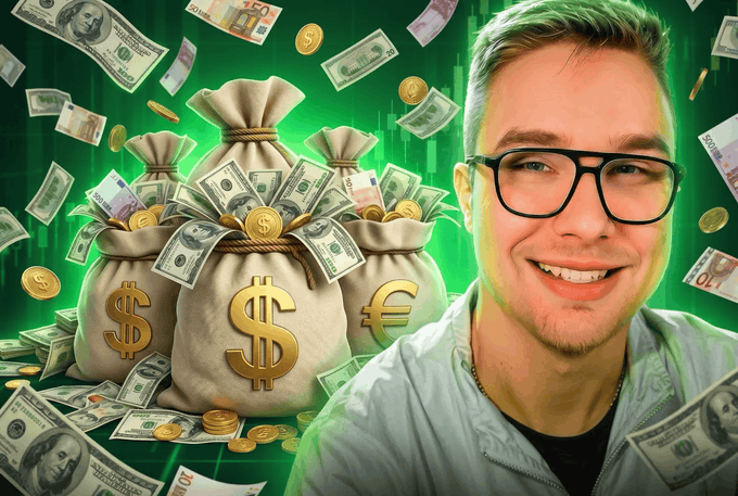 The image features a smiling man with glasses standing next to a pile of money, including $100 bills and other currency notes. Below him, there's a post that reads "XRP HOLDERS DO NOT IGNORE THIS I'M sending details to people who comment below." This message could be related to the content of the image or something entirely different. The man is smiling for the camera, which emphasizes his happy demeanor while standing next to the money.