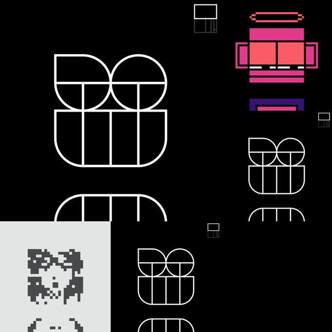 A black and white pixel art style image displaying geometric patterns and stylized letters that appear to form a logo design, with one section in pink and purple colors.