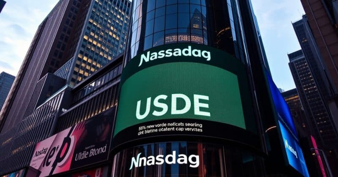 The Nasdaq building exterior displaying 'USDE' ticker on its large screen with stylized text below referencing new records and cap securities.