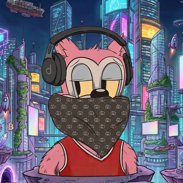 A digital illustration of a pink anthropomorphic cat character wearing black headphones and a Gucci-patterned bandana over its mouth, set against a vibrant cyberpunk cityscape with neon signs and flying rockets.
