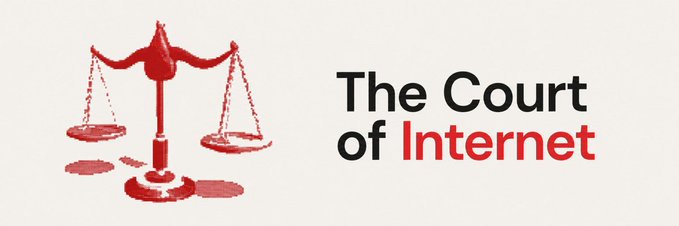 The image features a red sketch of the scales of justice alongside the logo "The Court of Internet." Combined with the post's mention of protocols like ERC-8004, A2A, x402, and ERC-8183, the scales visually represent the idea of enforcing trust, accountability, and deal completion between AI agents on-chain—essentially a decentralized judicial system for agent commerce.