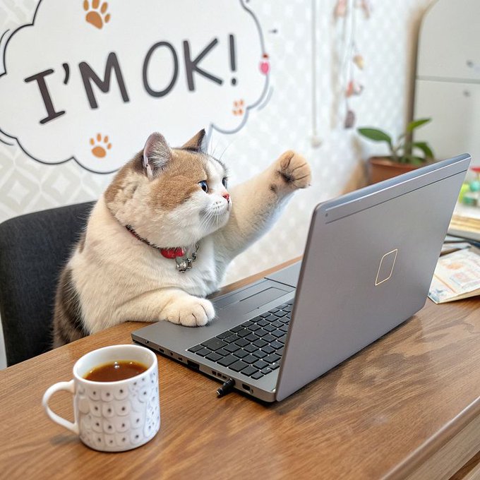 A cat wearing a red collar sits at a desk with a laptop and a white coffee mug, with a thought bubble above reading 'I'M OK!' surrounded by paw prints.