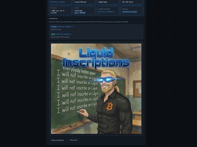 A digital art interface showing a Liquid Inscriptions NFT titled 'everybody hates spam,' depicting a cartoon man with glowing sunglasses and a Bitcoin shirt standing before a chalkboard with repeated inscriptions.