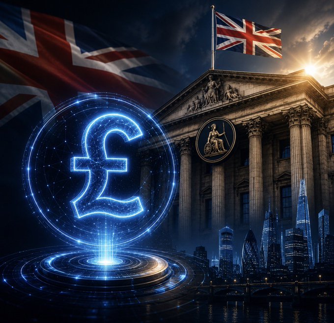 The image depicts a glowing blue pound sterling symbol (£) in front of the Bank of England with the UK flag waving above, symbolizing the nation's push toward digital finance innovation. The visual aligns with the post's message about the UK Treasury directing the Bank of England to support innovation in digital currencies and payments, reflecting the financial system's evolution.