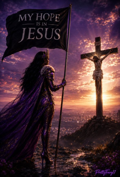 A digital artwork of a female warrior in purple and gold armor holding a flag that reads 'MY HOPE IS IN JESUS' while looking toward a crucifixion scene at sunset.
