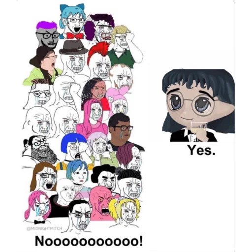A meme showing a calm anime-style character labeled "Yes." facing a large crowd of angry "soyjak" faces shouting "Noooooooooooo!"—captioned with @midnightwitch—creates humorous contrast with BlackRock's positive announcement about a new research paper exploring AI's connection to digital assets and its potential to drive new demand and applications in the digital asset economy.