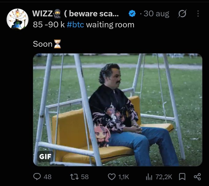 A Twitter/X post by verified user "WIZZ" (with a scam warning in their name) predicts BTC at "85-90k" with a "Soon ⏳" caption, accompanied by a GIF of Pablo Escobar sitting calmly on a swing. The image illustrates the post's implication that Bitcoin holders are patiently "waiting" for the price to reach the predicted range, mirroring Escobar's calm, contemplative pose.
